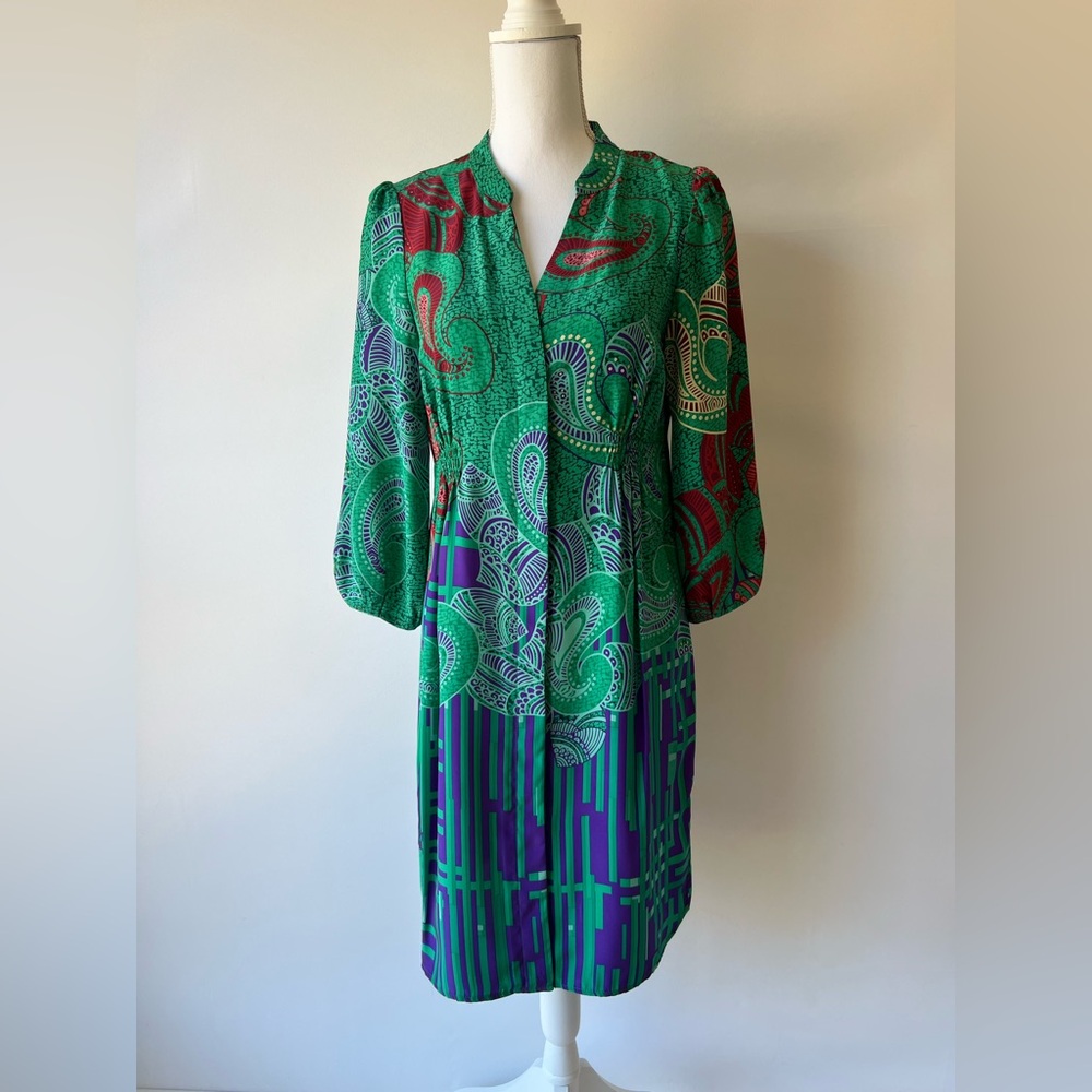 ECI New York Vibrant Green and Purple Silk Dress